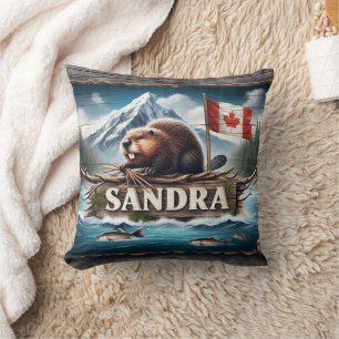 Coussin Castor canadien à Pittoresque River avec drapeau