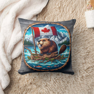 Coussin Castor canadien avec drapeau dans le paysage monta