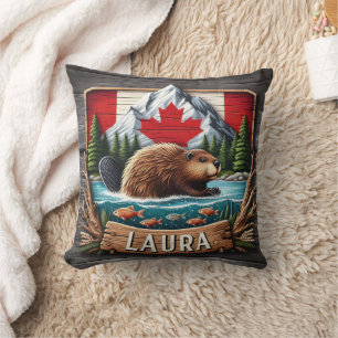 Coussin Castor canadien avec drapeau et montagnes