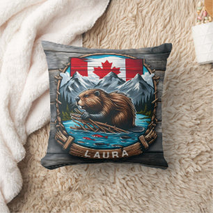 Coussin Castor canadien avec drapeau et montagnes au couch