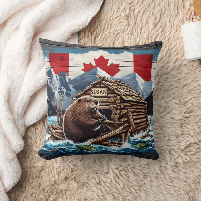 Coussin Castor canadien avec drapeau et pavillon dans la n (Couverture)