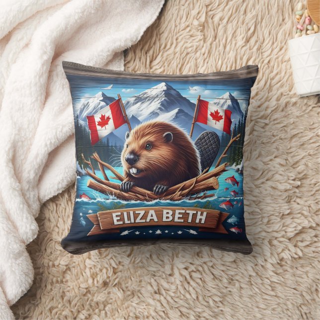 Coussin Castor canadien avec drapeaux en montagne (Couverture)