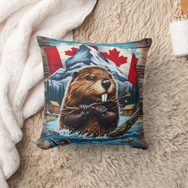 Coussin Castor canadien avec océan bleu (Couverture)