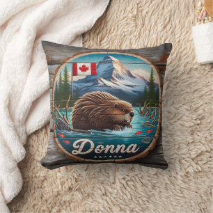 Coussin Castor canadien en étang forestier avec montagnes
