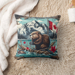 Coussin Castor canadien par lac avec fond de montagne