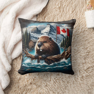 Coussin Castor canadien par lac avec montagnes et drapeau