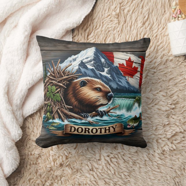 Coussin Castor canadien près des chutes d'eau dans la régi (Couverture)