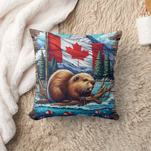 Coussin Castor canadien sur le lac avec drapeau canadien (Couverture)