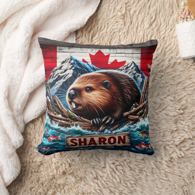 Coussin Castor par eau avec drapeau canadien (Couverture)