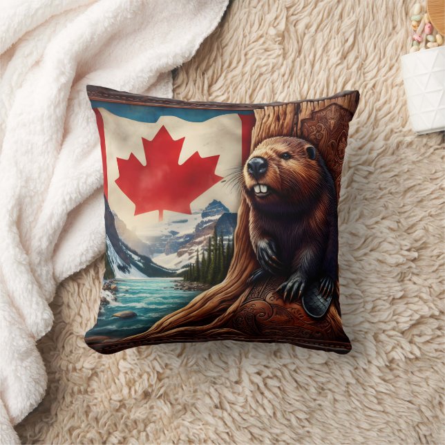 Coussin Castor Par Rivière Avec Drapeau Canadien (Couverture)