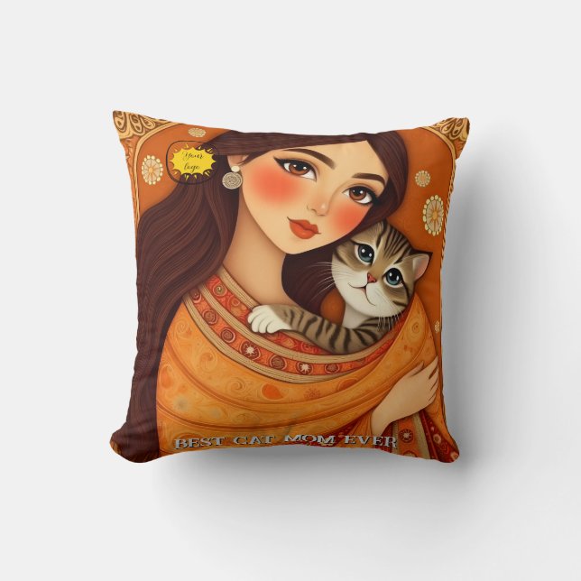 Coussin Cat lover Mom Photo  orange (Recto)