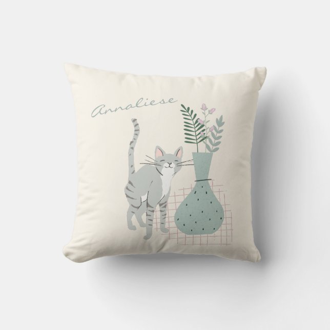 Coussin Cat mignon et fleurs Illustration personnalisée (Recto)