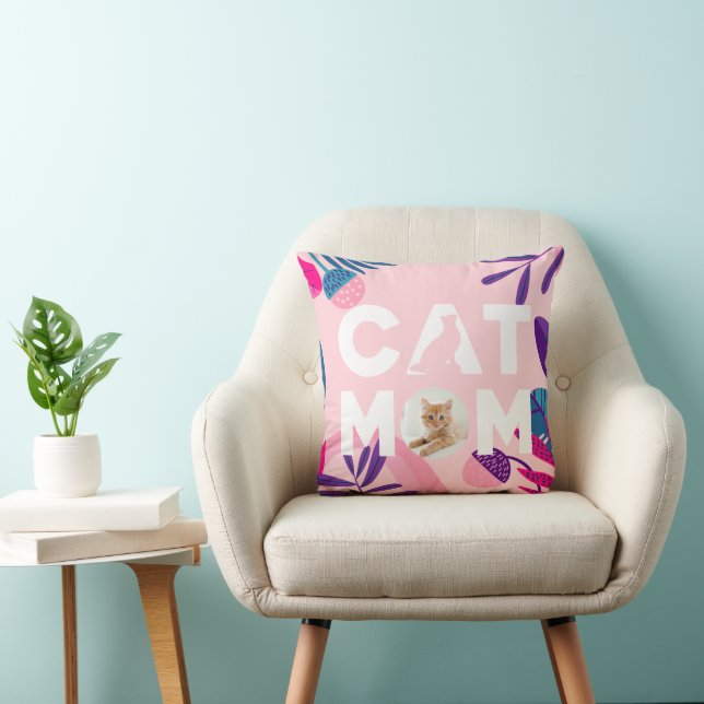 Coussin CAT MOM, Votre Photo Chat, Fleurs Roses & Feuilles (Chaise)