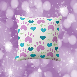 Coussin Cat Paws Coeurs Meow Motif Rose Turquoise Vert