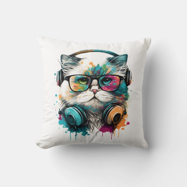 Coussin Cat Portant des lunettes et un casque (Recto)