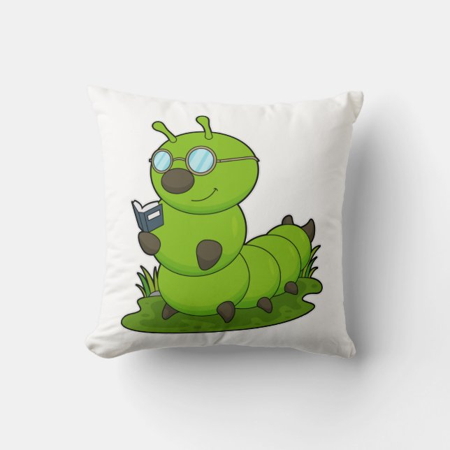 Coussin Caterpillar Nerd avec lunettes et livre (Recto)