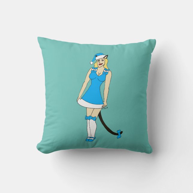 Coussin Catgirl de Noël bleu (Recto)