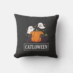 Coussin Catloween Drôle Chat Halloween Fantôme Citrouille 