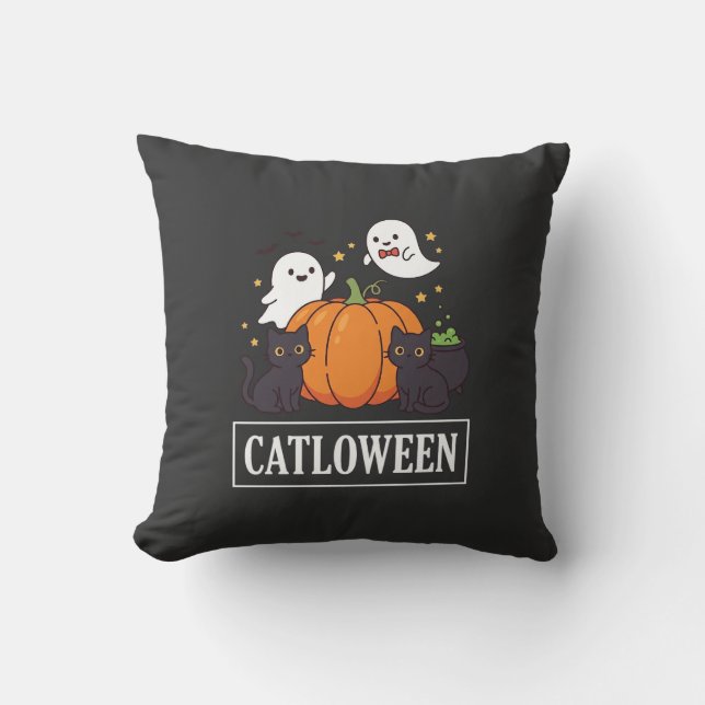 Coussin Catloween Drôle Chat Halloween Fantôme Citrouille  (Recto)