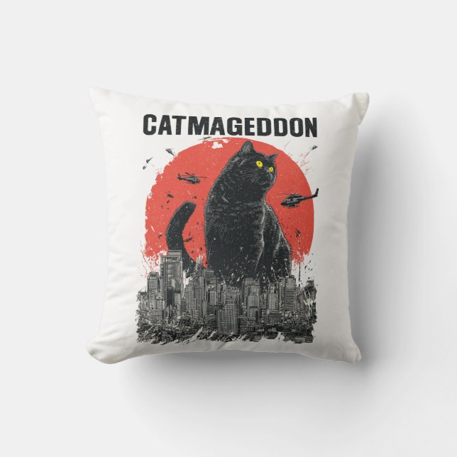Coussin Catmageddon Giant Cat Monster City Kaiju Funny Pet (Recto)