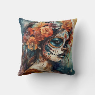 Coussin Catrina aquarelle Dia de los Muertos Crâne de Sucr