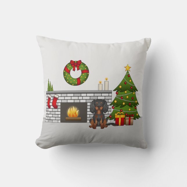 Coussin Cavalier Black & Tan Dans Une Salle De Noël Festiv (Recto)