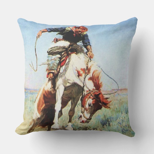 Coussin « Cavalier de bronco » Art occidental par W Herber (Recto)