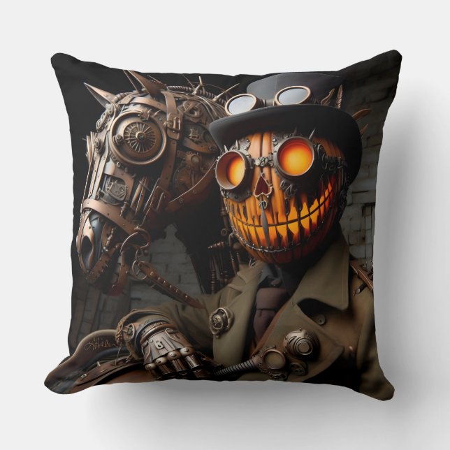 Coussin Cavalier de la citrouille Steampunk Halloween (Recto)