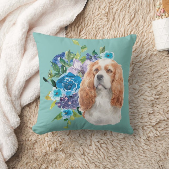 Coussin Cavalier King Charles Spaniel Chien Bleu Floral (Couverture)