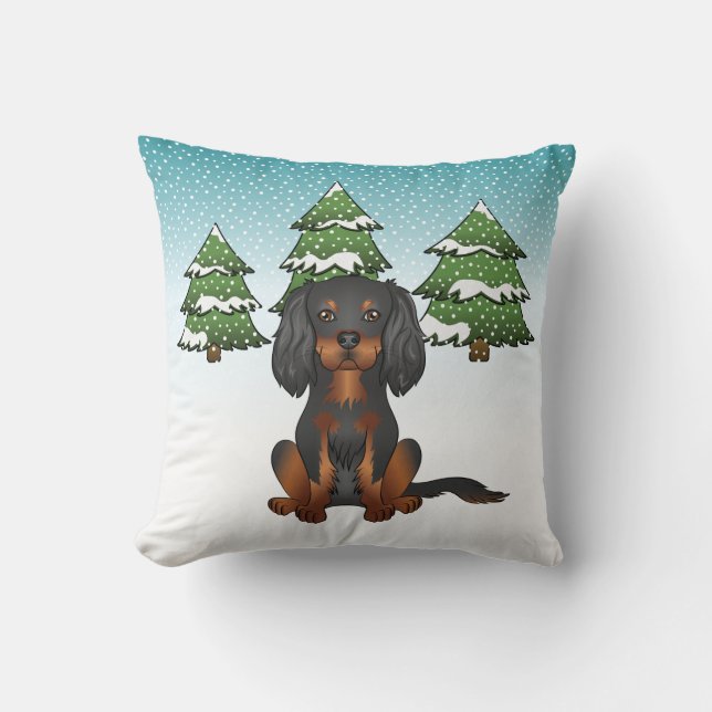 Coussin Cavalier King Charles Spaniel noir et feu en hiver (Recto)