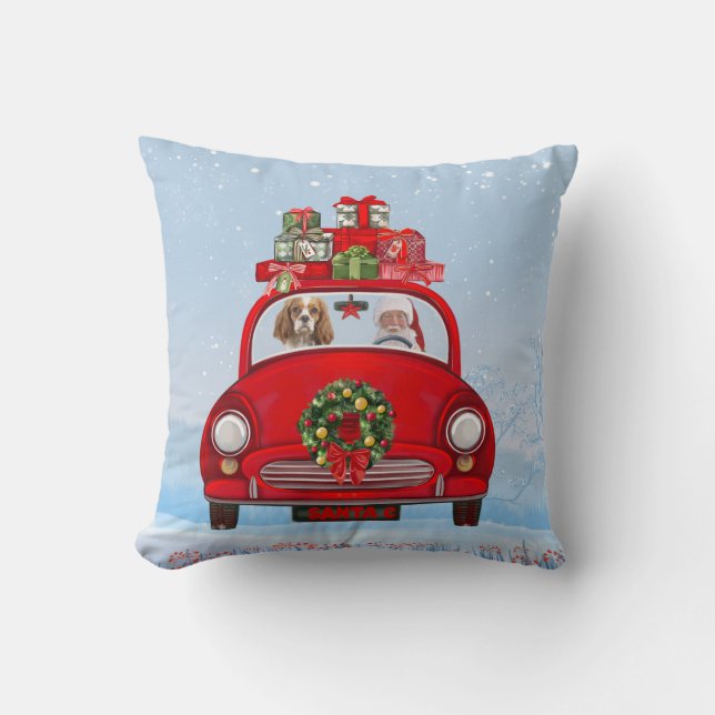 Coussin Cavalier King Chien en voiture avec le Père Noël  (Recto)