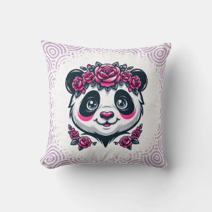 Coussin Ce panda souriant encadré par des roses roses méla