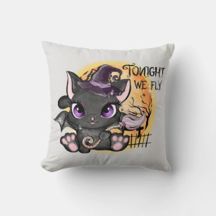 Coussin Ce soir, nous volons - Chat Sorcière Noire