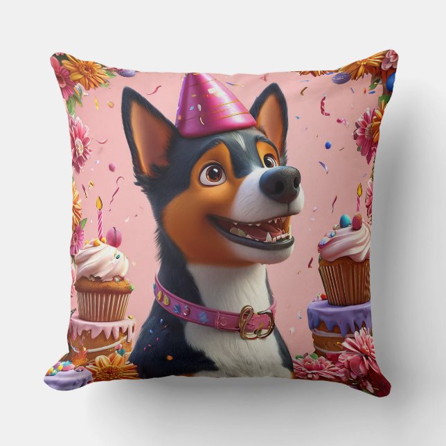 Coussin Célébration d'anniversaire avec un chien heureux (Recto)