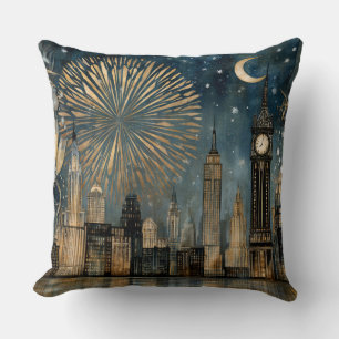 Coussin Célébration de feux d'artifice sur la skyline noct