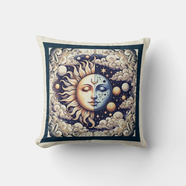 Coussin Céleste Vintage Demi Soleil & Lune Bleu Jaune (Recto)