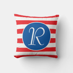 Coussin Cercle bleu monogramme   Bande rouge et blanche