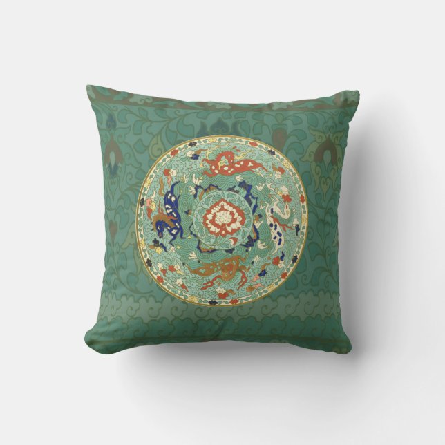 Coussin Cercle chinois antique bleu vert (Recto)