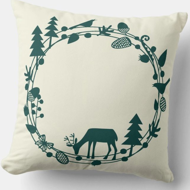 Coussin Cercle forestier des cerfs (Deer in the Forest green and cream pillow)