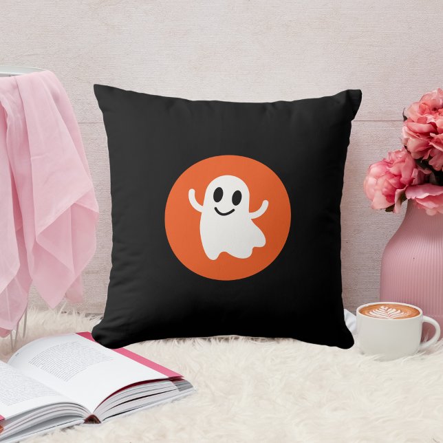 Coussin Cercle orange mignon souriant Fantôme d'Halloween (Créateur téléchargé)