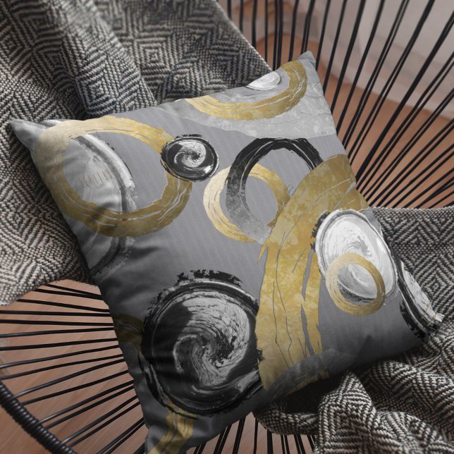 Coussin Cercles Abstraits de couleur or Bague noir blanc (Créateur téléchargé)