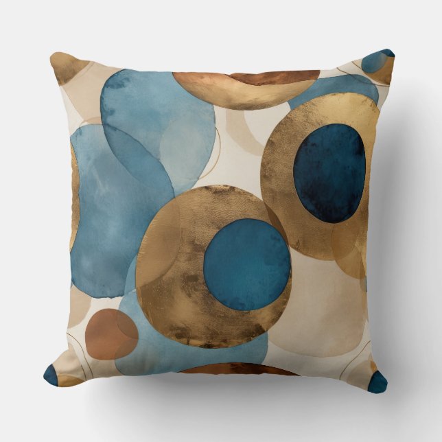Coussin Cercles Abstraits en bronze, cuivre et bleu (Recto)