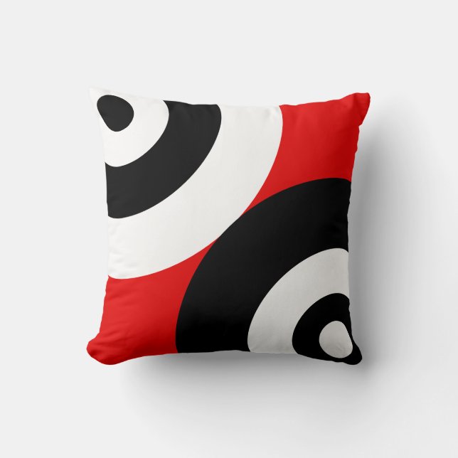 Coussin Cercles abstraits noir et blanc sur fond rouge (Recto)