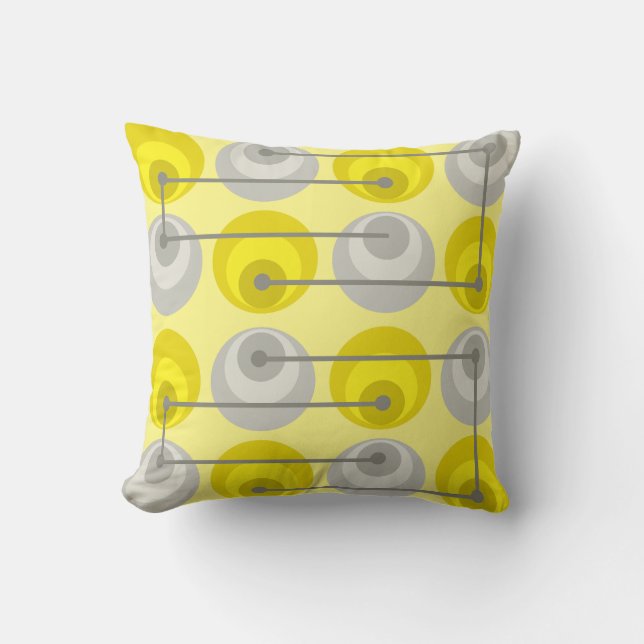 Coussin Cercles du milieu du siècle gris jaune (Recto)