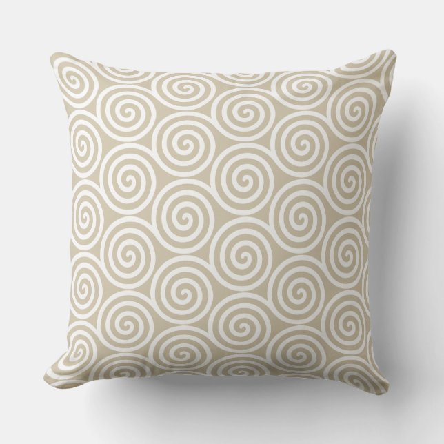 Coussin Cercles en spirale abstraits en beige sable et bla (Recto)
