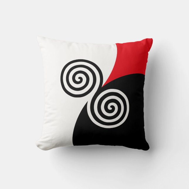 Coussin Cercles en spirale abstraits sur jeté noir rouge e (Recto)