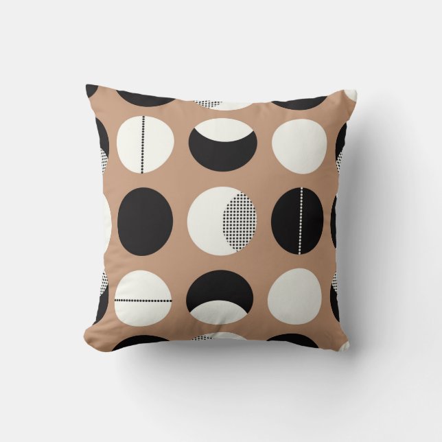 Coussin Cercles noirs, blancs, arrière - plans bruns. (Recto)