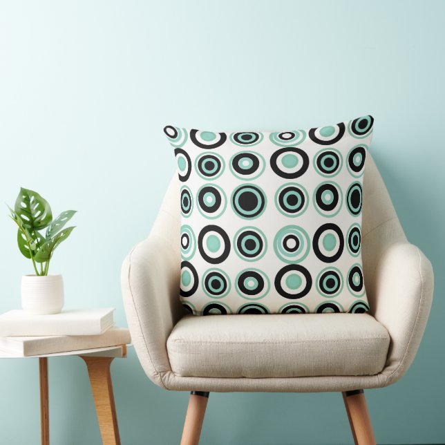 Coussin Cercles Rétro Jade noir sur blanc (Chaise)