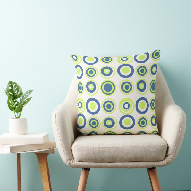 Coussin Cercles Rétro Pois Lime Vert Turquoise Sur Blanc (Chaise)