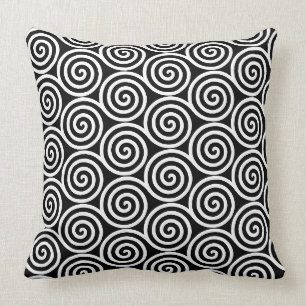 Coussin Cercles Spirales Abstraits Élégants en Noir et Bla